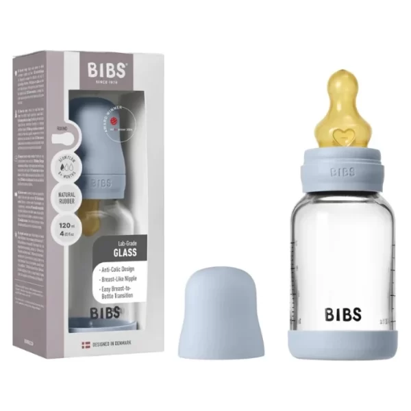 BIBS Glass Baby Bottle Round Latex 1 pack 120 ml Slow Flow Baby Blue