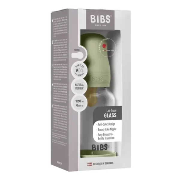 BIBS Glass Baby Bottle Round Latex 1 pack 120 ml Slow Flow Sage