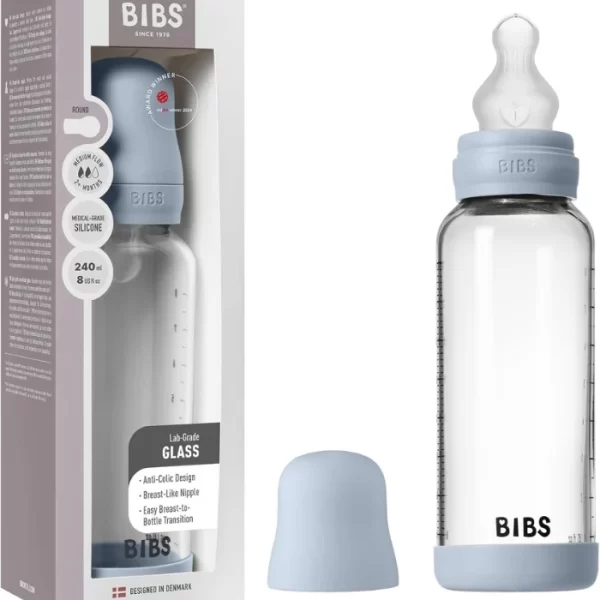BIBS Glass Baby Bottle Round Latex 1 pack 240 ml Medium Flow Baby Blue