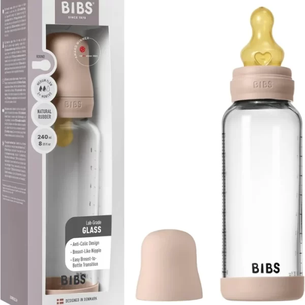 BIBS Glass Baby Bottle Round Latex 1 pack 240 ml Medium Flow Blush