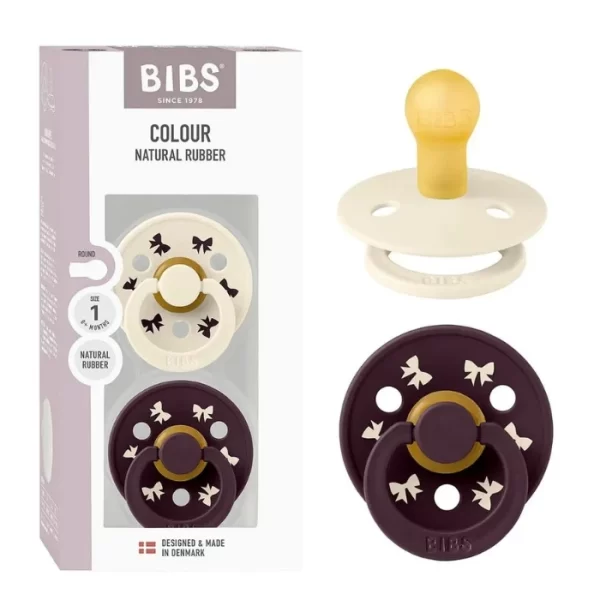 BIBS Pacifier Colour Holiday Bow 2 PACK Latex Size 1 Ivory/Plum