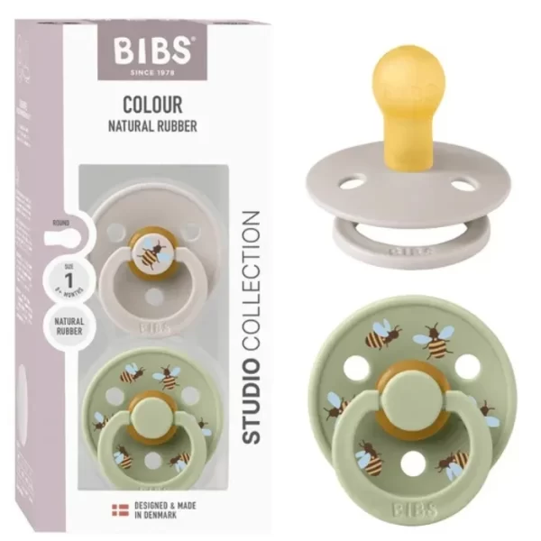 BIBS Pacifier Studio Colour 2 PACK Bumblebee Latex Size 1 Mushroom Mix