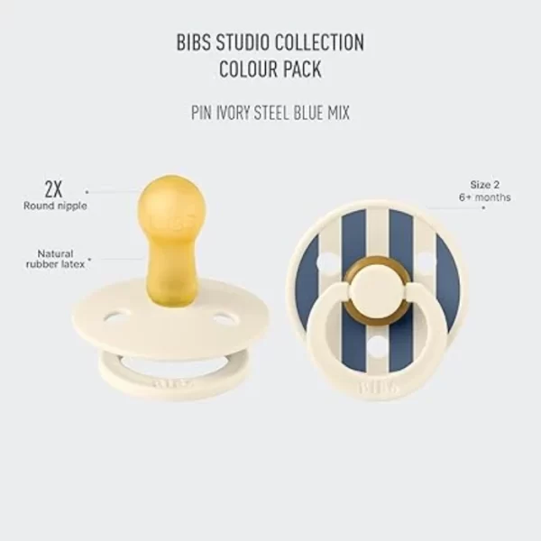 BIBS Pacifier Studio Colour 2 PACK Pin Latex Size 2 Ivory Steel Blue Mix