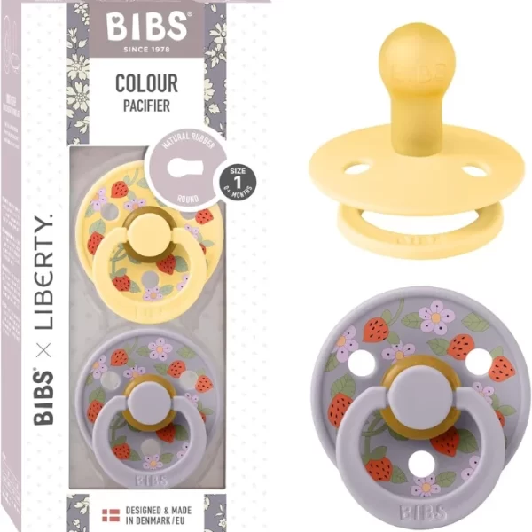 BIBS Round Nipple Pacifier X Liberty 2 Pack Colour Strawberries And Cream Latex Size 1 Pale Butter Mix