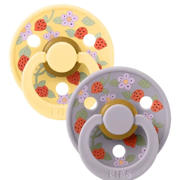BIBS Round Nipple Pacifier X Liberty 2 Pack Colour Strawberries And Cream Latex Size 2 Pale Butter Mix
